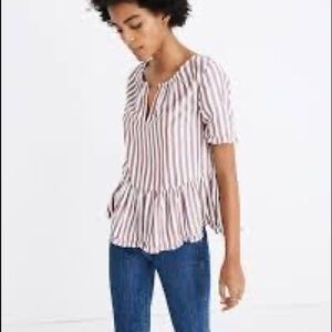MADEWELL Women’s Stanza Striped Ruffle Hem Top Blouse Red/white stripe sz Medium